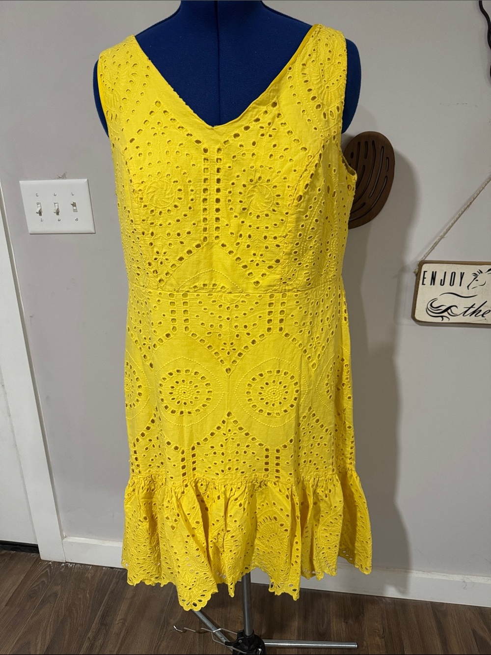 Cato Bright Yellow Eyelet V-Neck Midi Dress